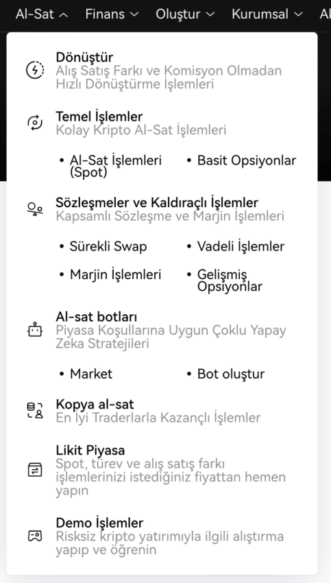 okx al sat seçenekleri