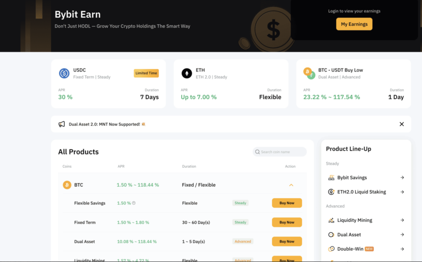 bybit earn ekranı
