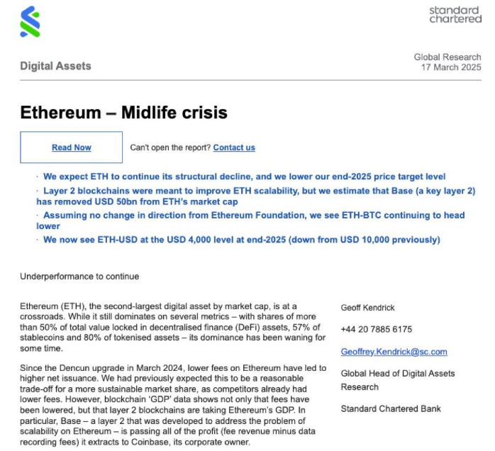 Standard Chartered Ethereum tahminini revize ediyor