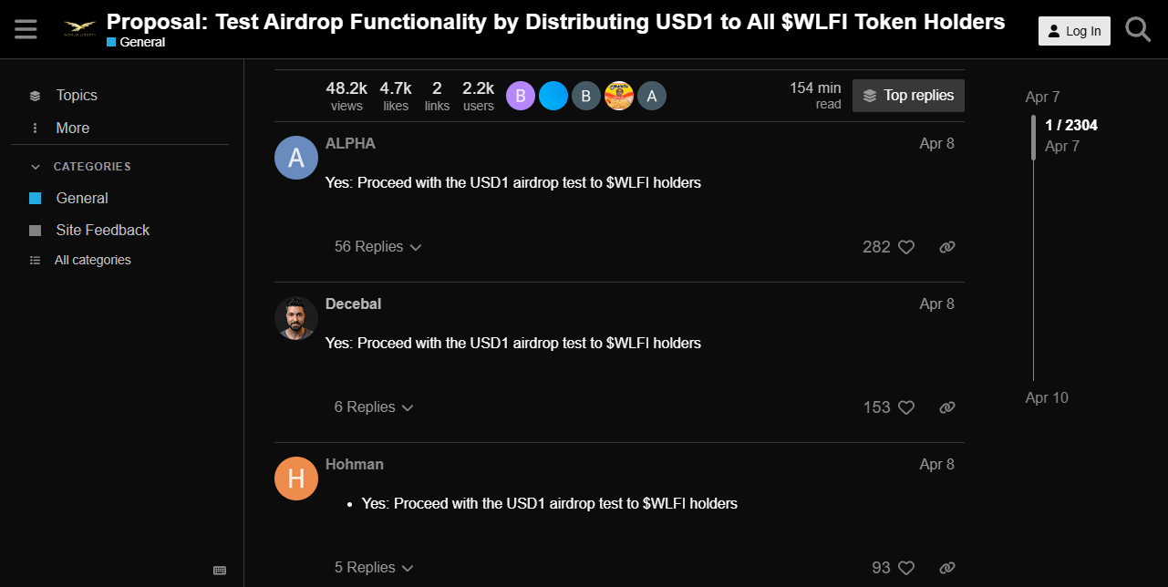 USD1 airdrop önerisine topluluk tepkileri