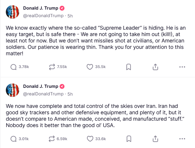ABD Başkanı Donald Trump'ın Çatışmaya İlişkin Uyarısı, 17 Haziran 2025. Kaynak: Truth Social
