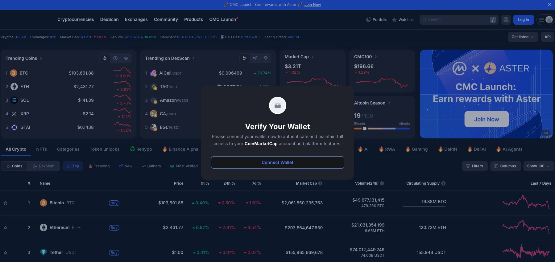 CoinMarketCap Ana Sayfasındaki Kötü Niyetli Açılır Mesaj.