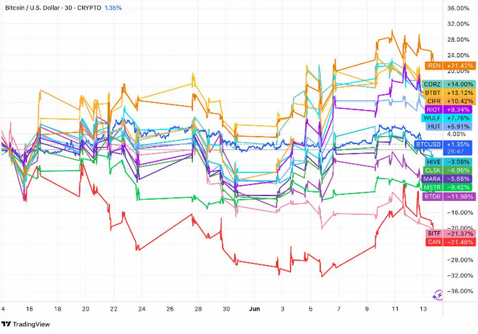 Bitcoin Madencilik Şirketlerinin Hisse Performansındaki Fark. Kaynak: TheMinerMag raporu