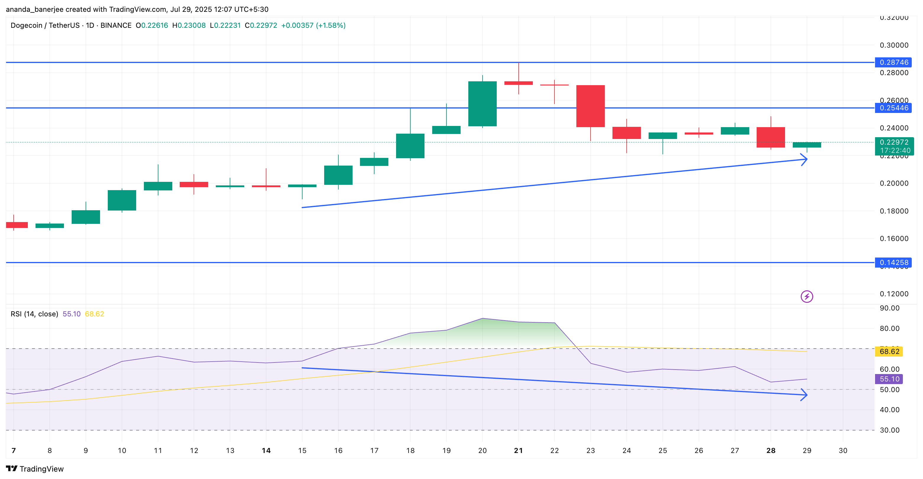 DOGE fiyatı ve RSI ayrışması