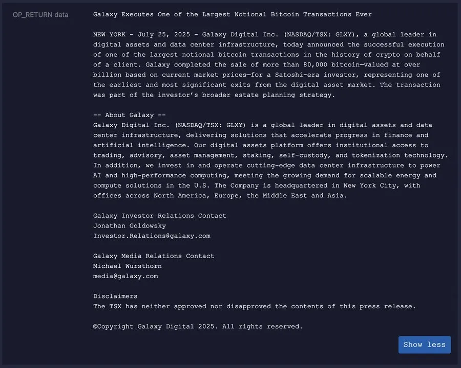Galaxy Digital'ın Bitcoin Ağı Üzerindeki Gömülü Mesajı.